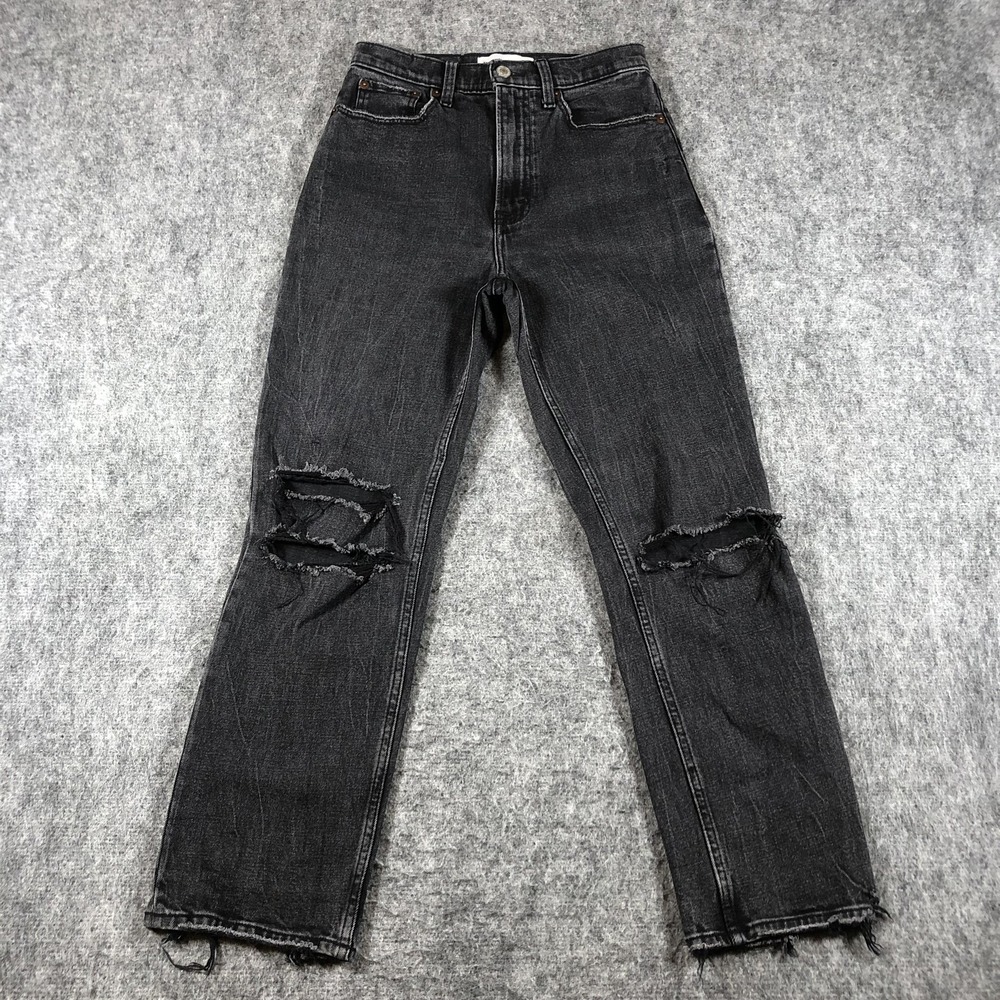 Abercrombie Fitch High Rise Ankle Straight Jeans Womens 2R Black Distressed